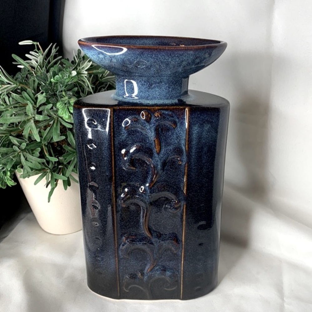 Beautiful tall raised pattern blue and brown drip glaze ceramic vase